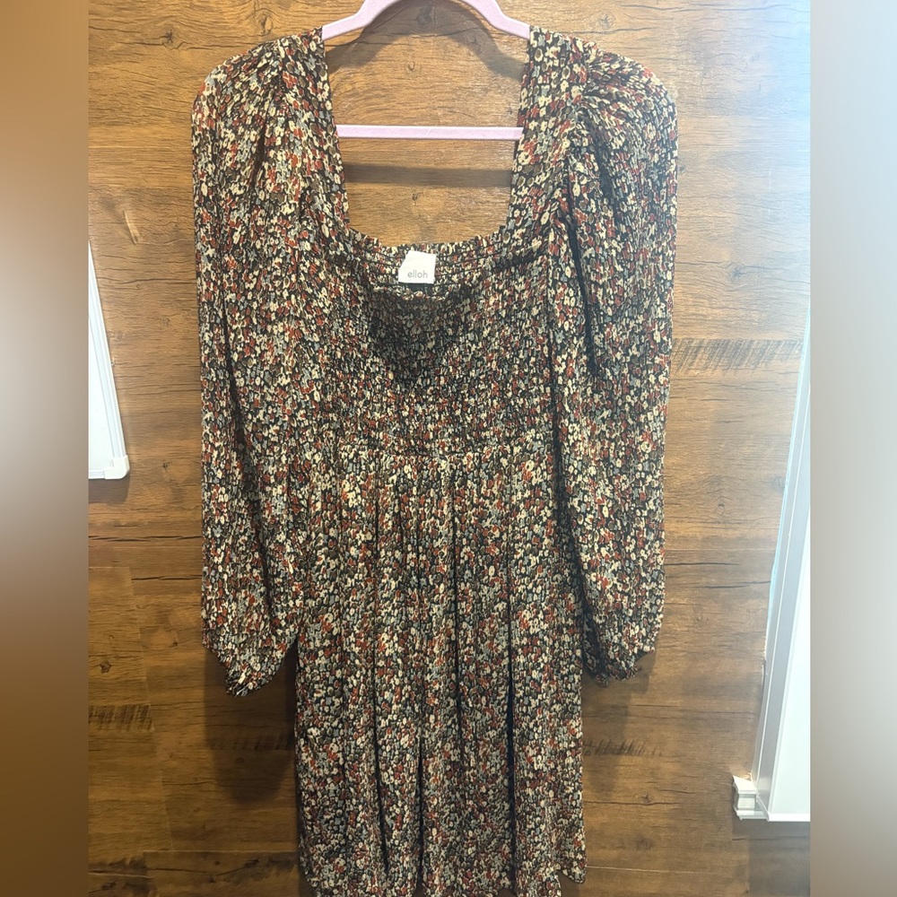 Smocked Square-Neck Mini Dress in Brown Floral - Picture 2 of 8